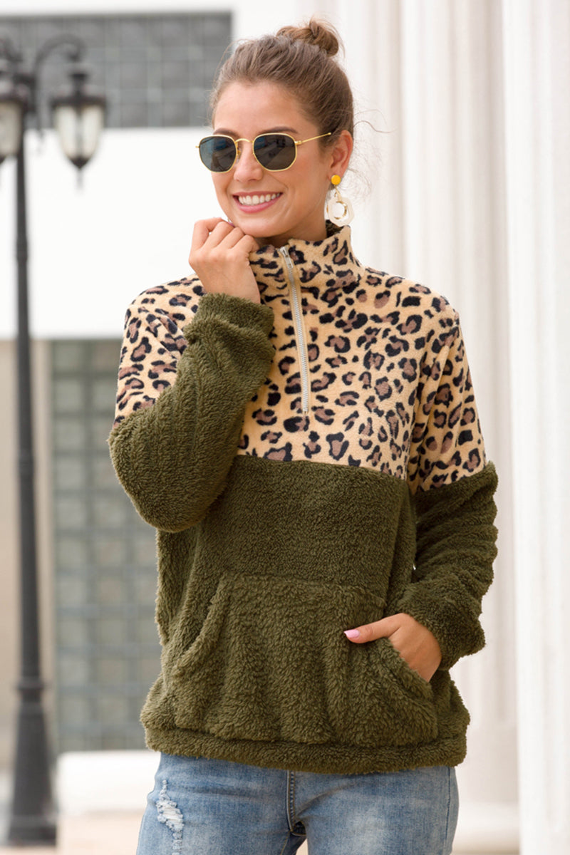 Leopard Zip-Up Turtle Neck Dropped Shoulder Sweatshirt