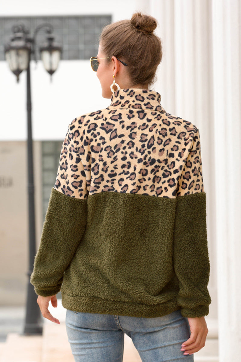 Leopard Zip-Up Turtle Neck Dropped Shoulder Sweatshirt