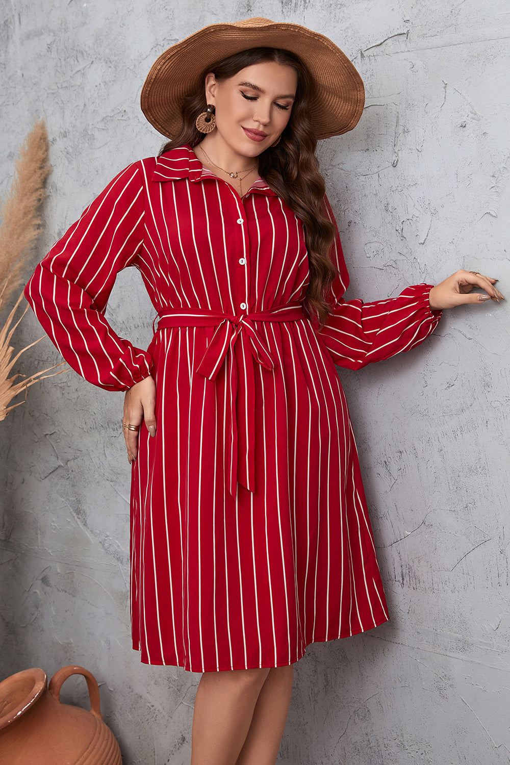 Plus Size Striped Tie Waist Shirt Dress