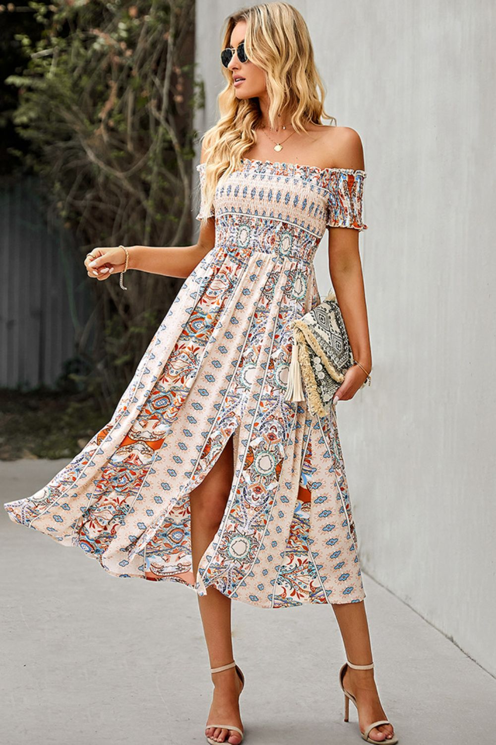 Bohemian Off-Shoulder Frill Trim Split Dress