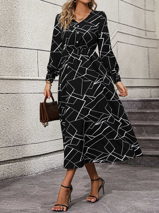 Geometric V-Neck Lantern Sleeve Dress