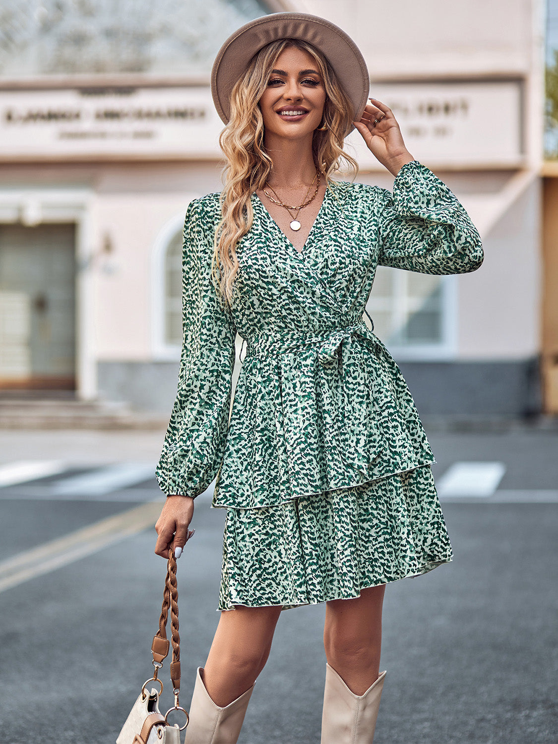 Long Sleeve Tie Waist Layered Dress