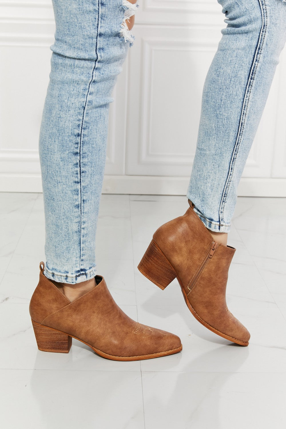 MMShoes Trust Yourself Embroidered Crossover Cowboy Bootie in Caramel